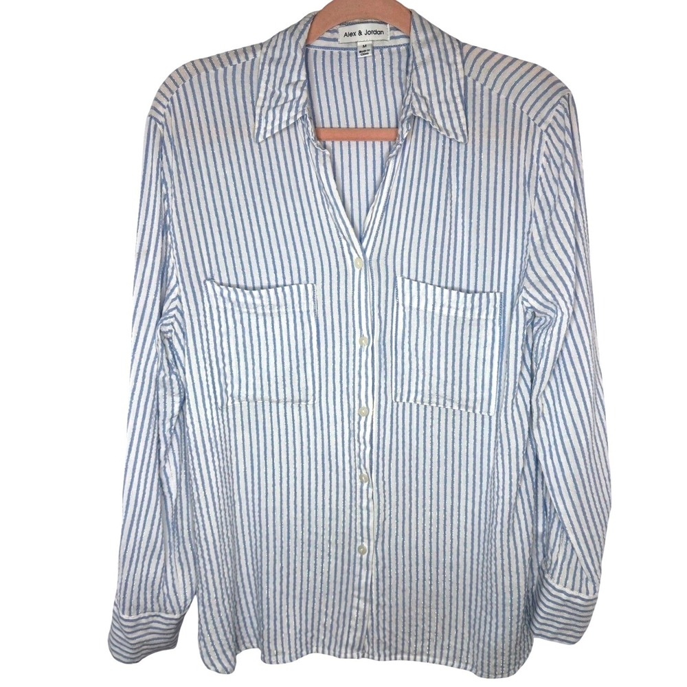 Alex & Jordan Womens Blue White Striped Lurex Metallic Button Down Shirt Medium